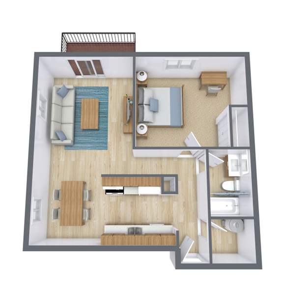 A 3D floor plan of a house with a kitchen, living room, and bathroom.
