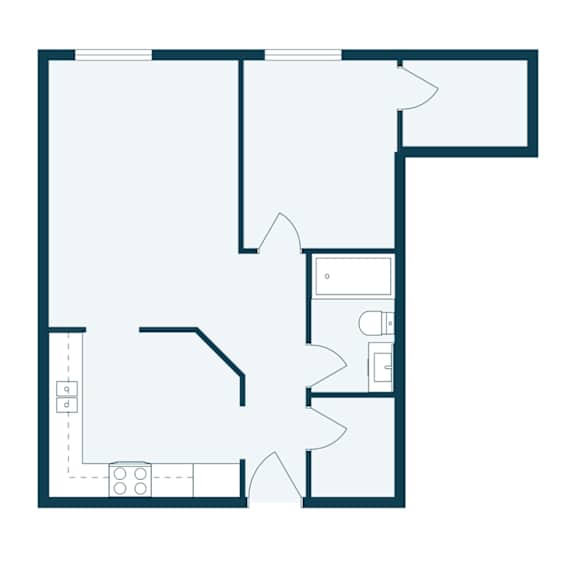 A floor plan of a house with a kitchen, living room, and two bedrooms.