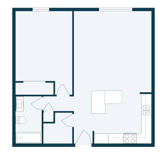 A floor plan of a house with a kitchen, living room, and two bedrooms.