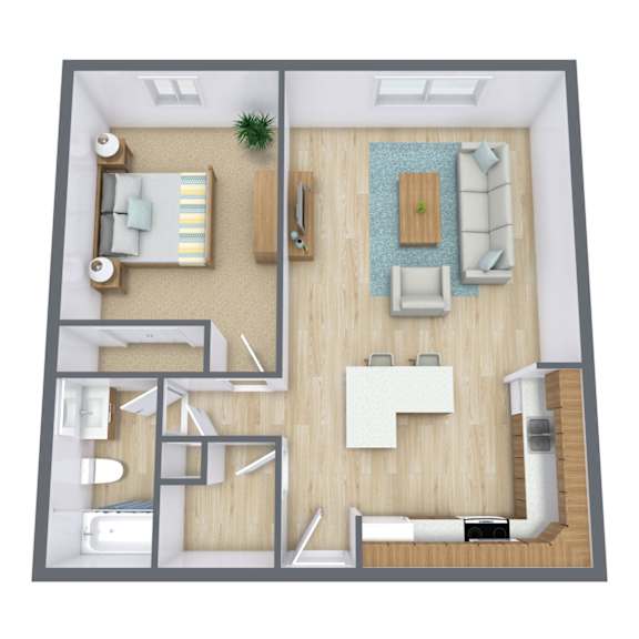 A top down view of a living room, kitchen and dining area.