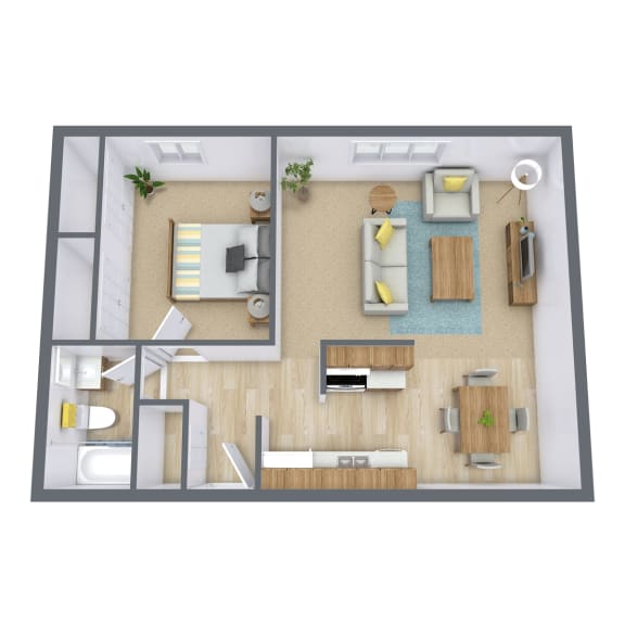 a bedroom with a living room and a dining room