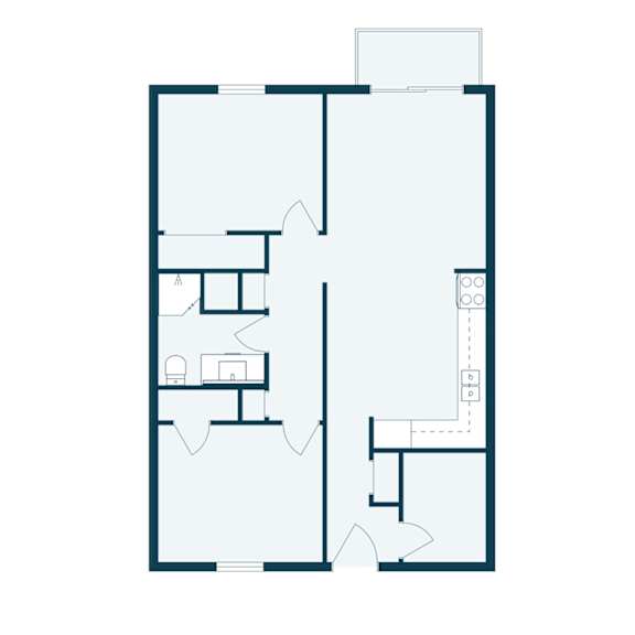 A floor plan of a house with a kitchen, living room, and two bedrooms.
