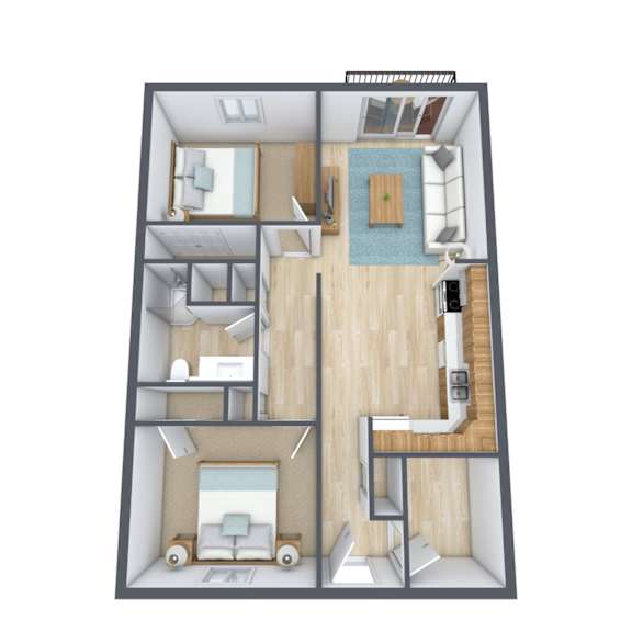 A 3D floor plan of a small apartment with a kitchen, living room, and two bedrooms.