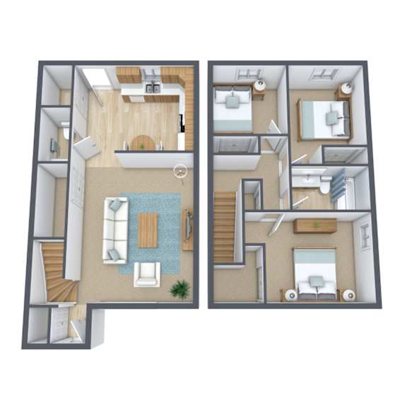 A floor plan of a two-story apartment with a living room, kitchen, and bedrooms.