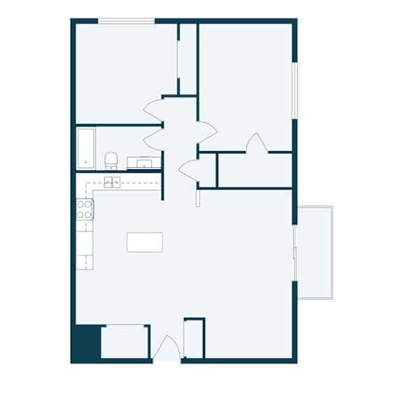 A floor plan of a house with a kitchen, living room, and two bedrooms.