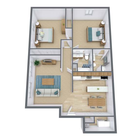 A top down view of a house with a living room, dining room, kitchen, and two bedrooms.