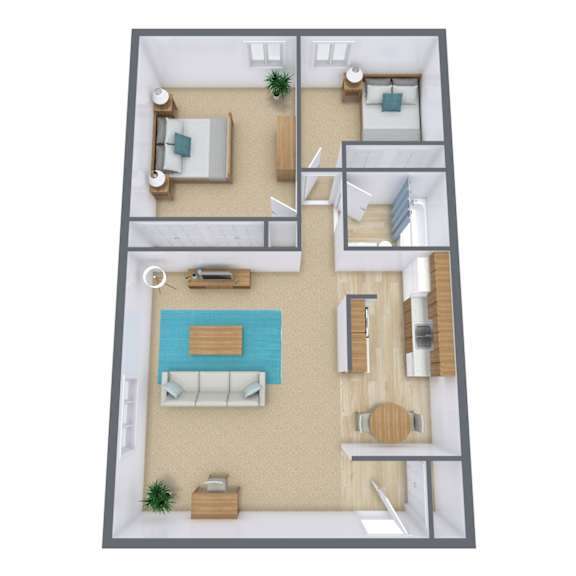 A 3D floor plan of a house with a pool.