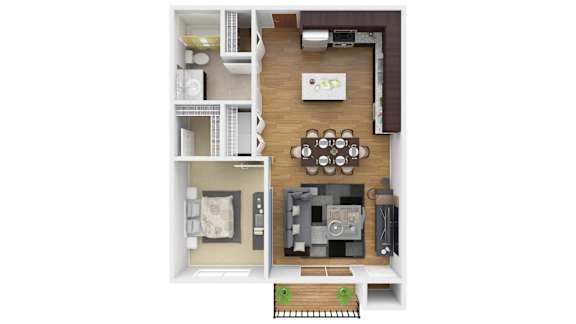a stylized floor plan with a bedroom and a living room. Circle Pines, MN Lexington Lofts