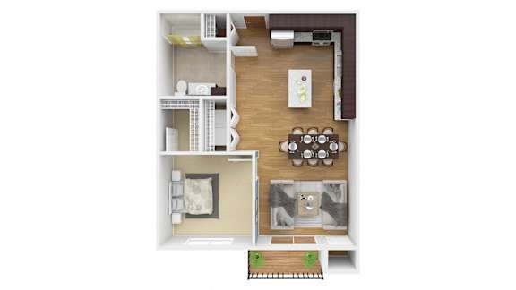 a stylized floor plan with a bedroom and a living room. Circle Pines, MN Lexington Loft