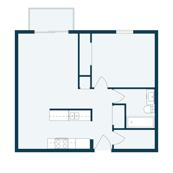 A floor plan of a house with a kitchen, living room, and two bedrooms.