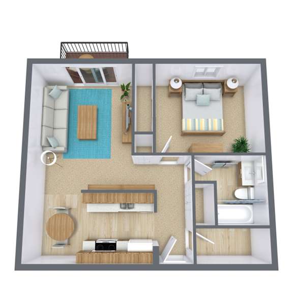 A 3D floor plan of a small apartment with a kitchen, living room, and bedroom.