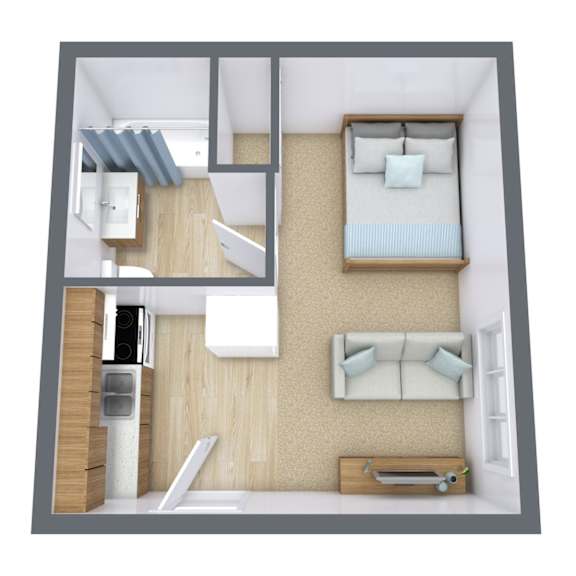 A 3D rendered image of a small apartment layout.