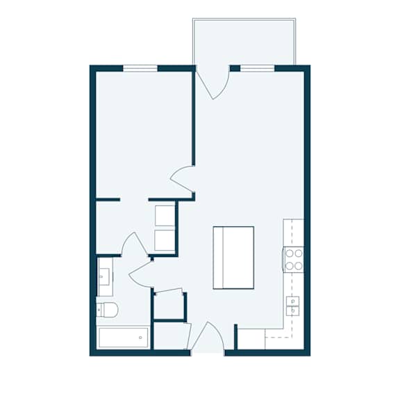 A floor plan of a house with a kitchen, living room, and two bedrooms.