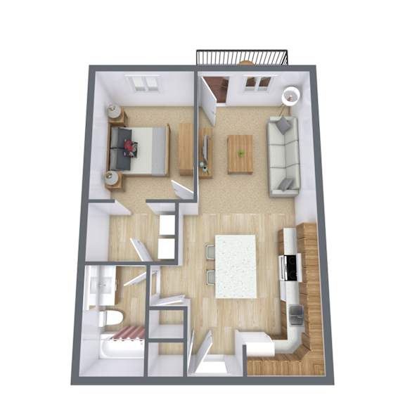 A top-down view of a small apartment with a kitchen, living room, and bathroom.