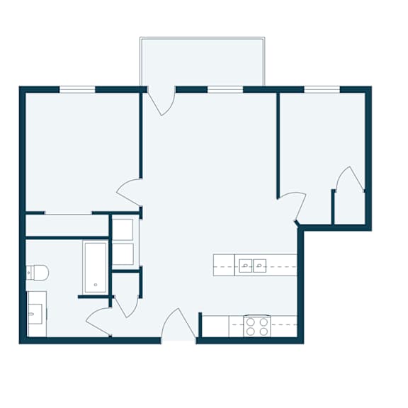 A floor plan of a house with a kitchen, living room, and two bedrooms.