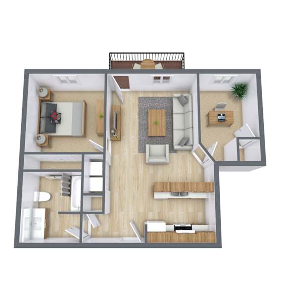 A 3D floor plan of a house with a living room, kitchen, dining room, and bedrooms.