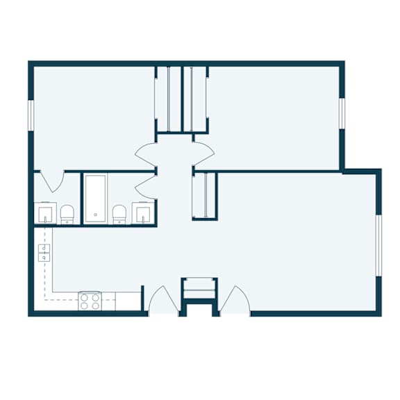 A floor plan of a house with a kitchen, living room, and two bedrooms.