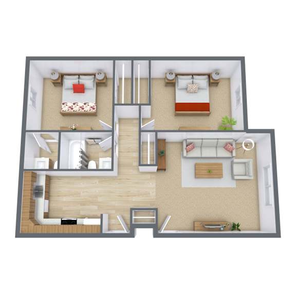 A 3D floor plan of a house with a living room, kitchen, and two bedrooms.