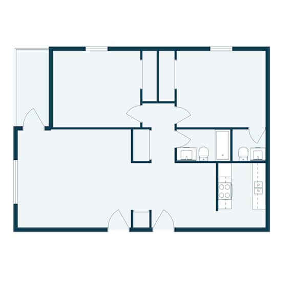 A floor plan of a house with a kitchen, living room, and two bedrooms.