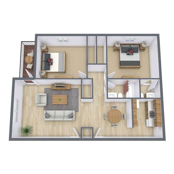A top-down view of a modern living room with a kitchen area.