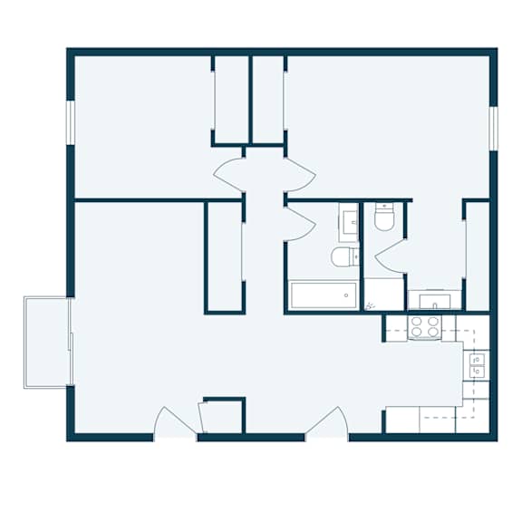 A floor plan of a house with a kitchen, living room, and two bedrooms.