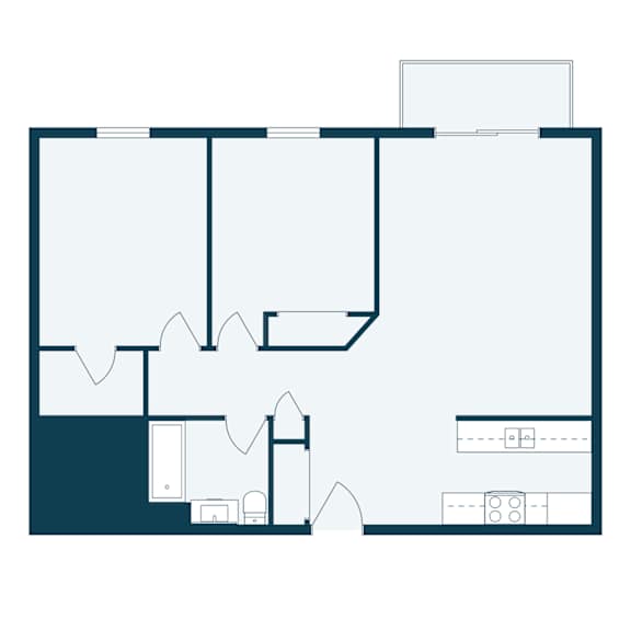 A floor plan of a house with a kitchen, living room, and bedrooms.