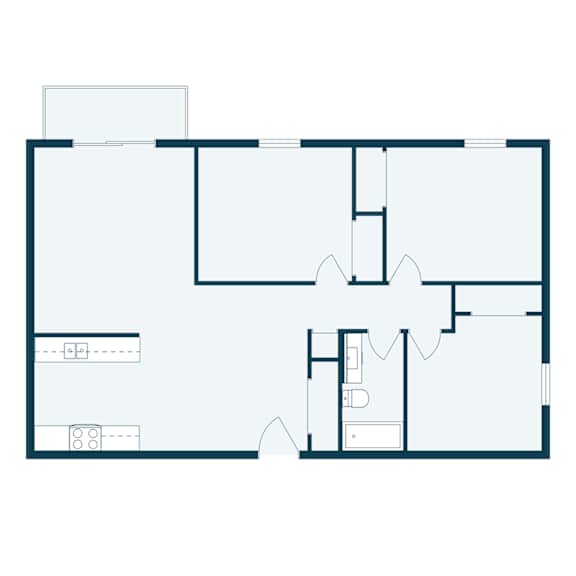 A floor plan of a house with a kitchen, living room, and two bedrooms.