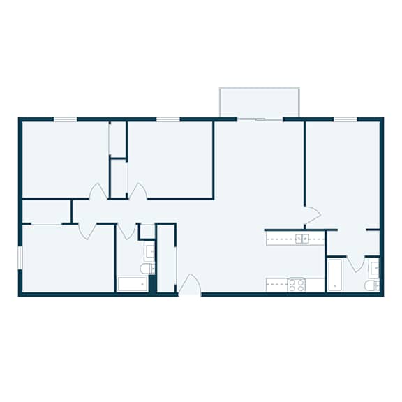A floor plan of a house with a kitchen, living room, and two bedrooms.