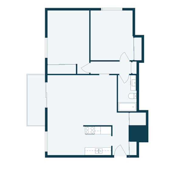 A floor plan of a house with a kitchen, living room, and two bedrooms.
