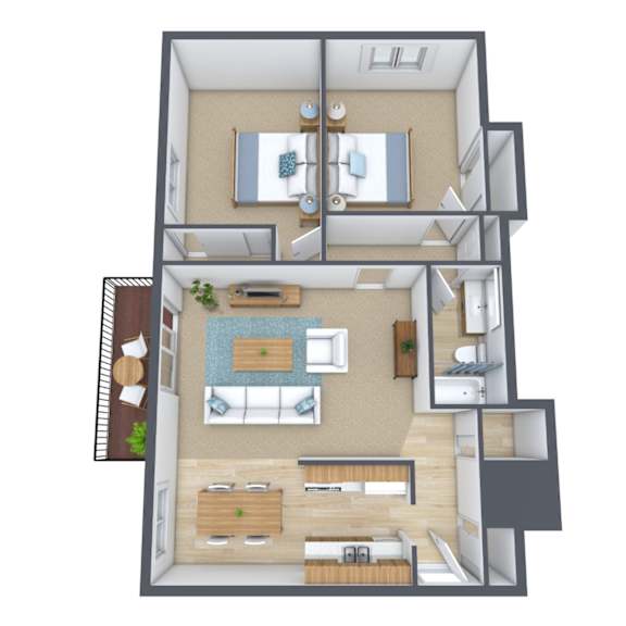 A 3D floor plan of a house with a kitchen, living room, and bedrooms.