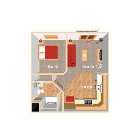 a room with a bed and a mirror