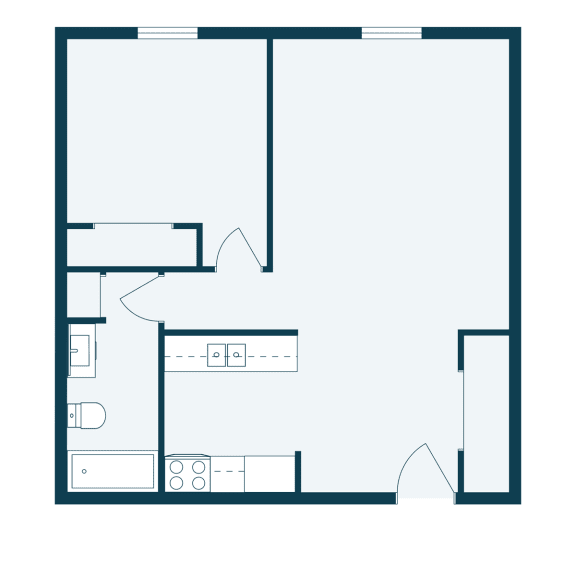 Floor plan of a room with a bedroom and a living room
