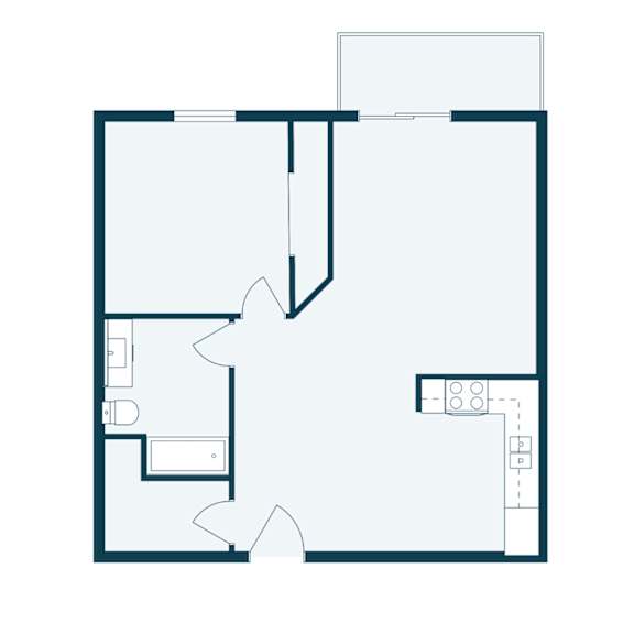 A floor plan of a house with a kitchen, living room, and bathroom.