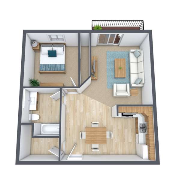 A 3D floor plan of a small apartment with a bedroom, living room, kitchen, and bathroom.