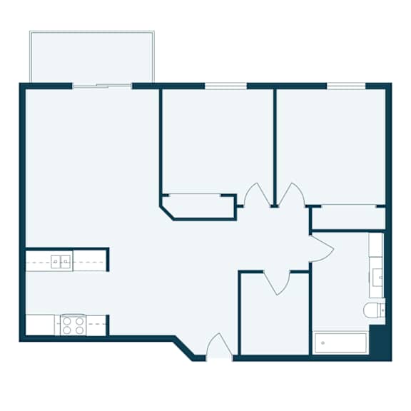A floor plan of a house with a kitchen, living room, and two bedrooms.
