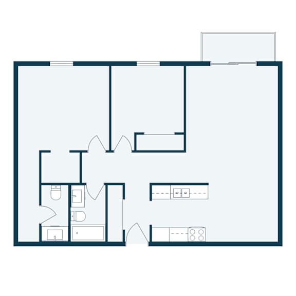 A floor plan of a house with a kitchen, living room, and two bedrooms.