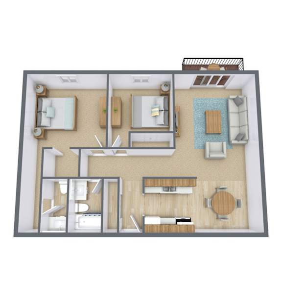 A 3D floor plan of a house with a kitchen, living room, and bathroom.