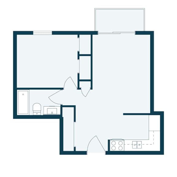 A floor plan of a house with a kitchen, living room, and two bedrooms.