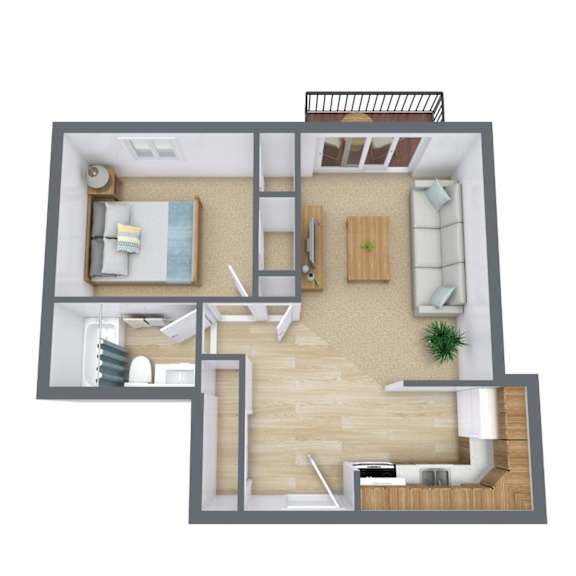 A 3D floor plan of a small apartment with a bedroom, living room, and kitchen.