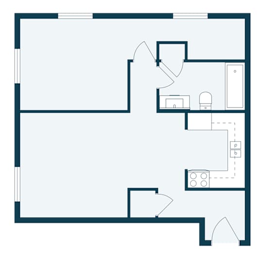 A floor plan of a house with a kitchen, living room, and bathroom.