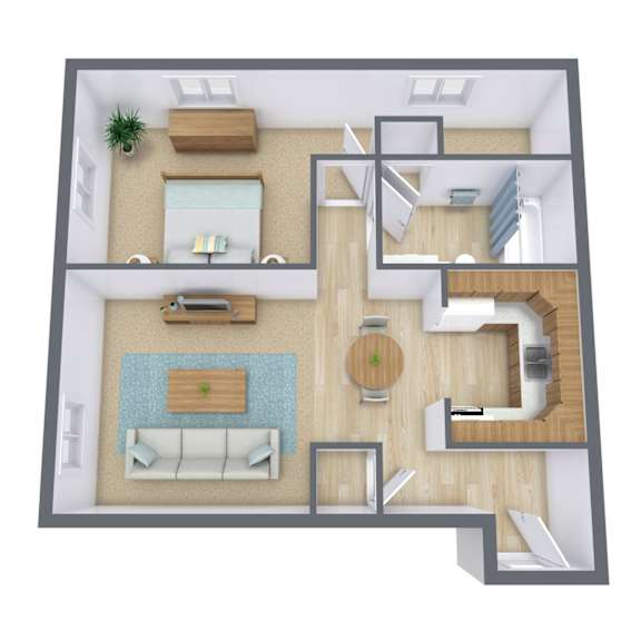 A 3D floor plan of a house with a living room, kitchen, and bathroom.