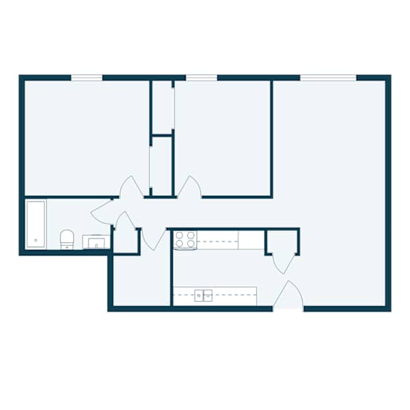 A floor plan of a house with a kitchen, living room, and two bedrooms.