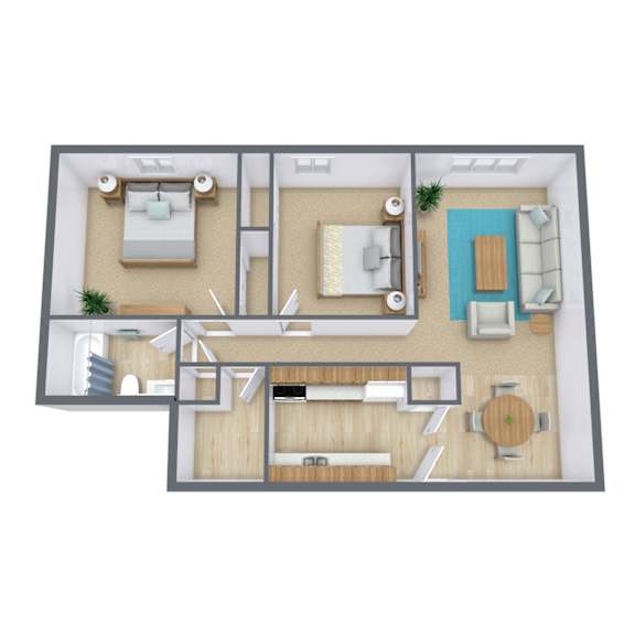 A 3D floor plan of a house with a living room, kitchen, dining room, and bedrooms.