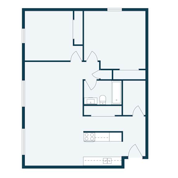 A floor plan of a house with a kitchen, living room, and two bedrooms.