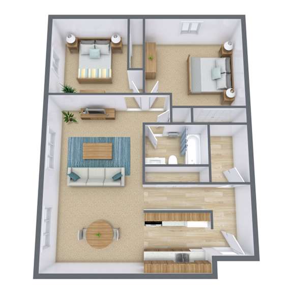 A 3D floor plan of a house with a living room, kitchen, and two bedrooms.