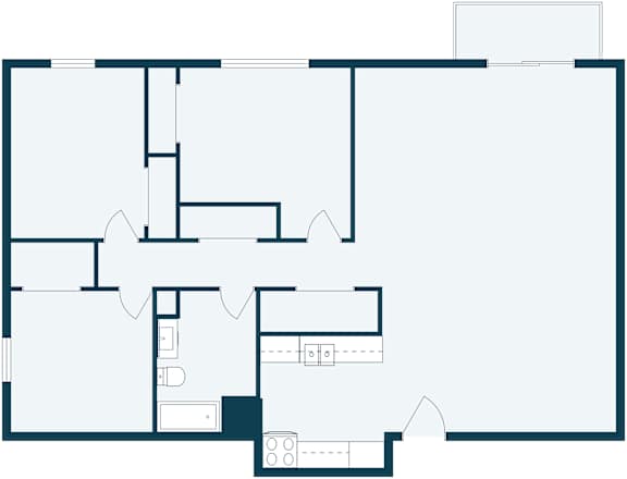A floor plan of a house with a kitchen, living room, and two bedrooms.