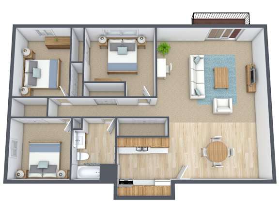 A 3D floor plan of a house showing a living room, kitchen, dining room, and two bedrooms.