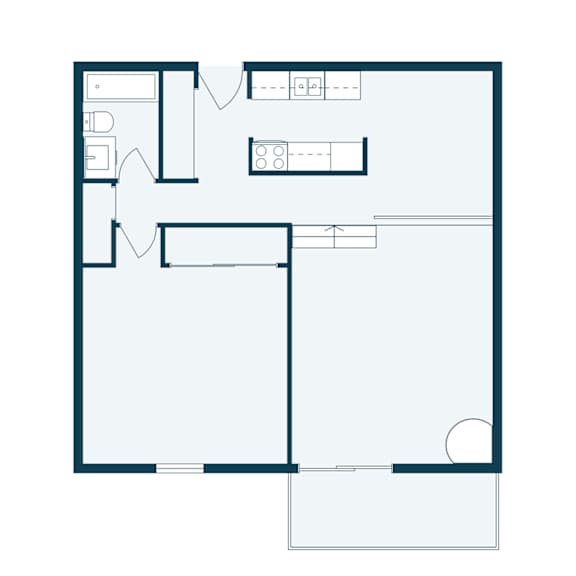 A floor plan of a house with a kitchen, living room, and two bedrooms.
