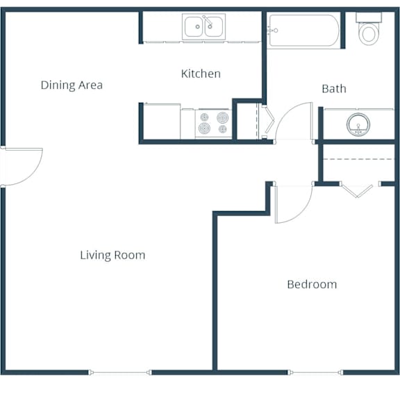 A floor plan of a house with a dining area, kitchen, bath, living room, and bedroom.