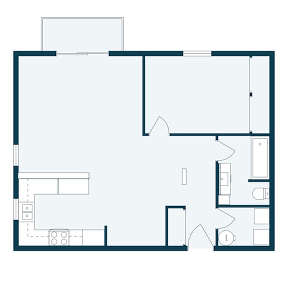 A floor plan of a house with a kitchen, living room, and two bedrooms.